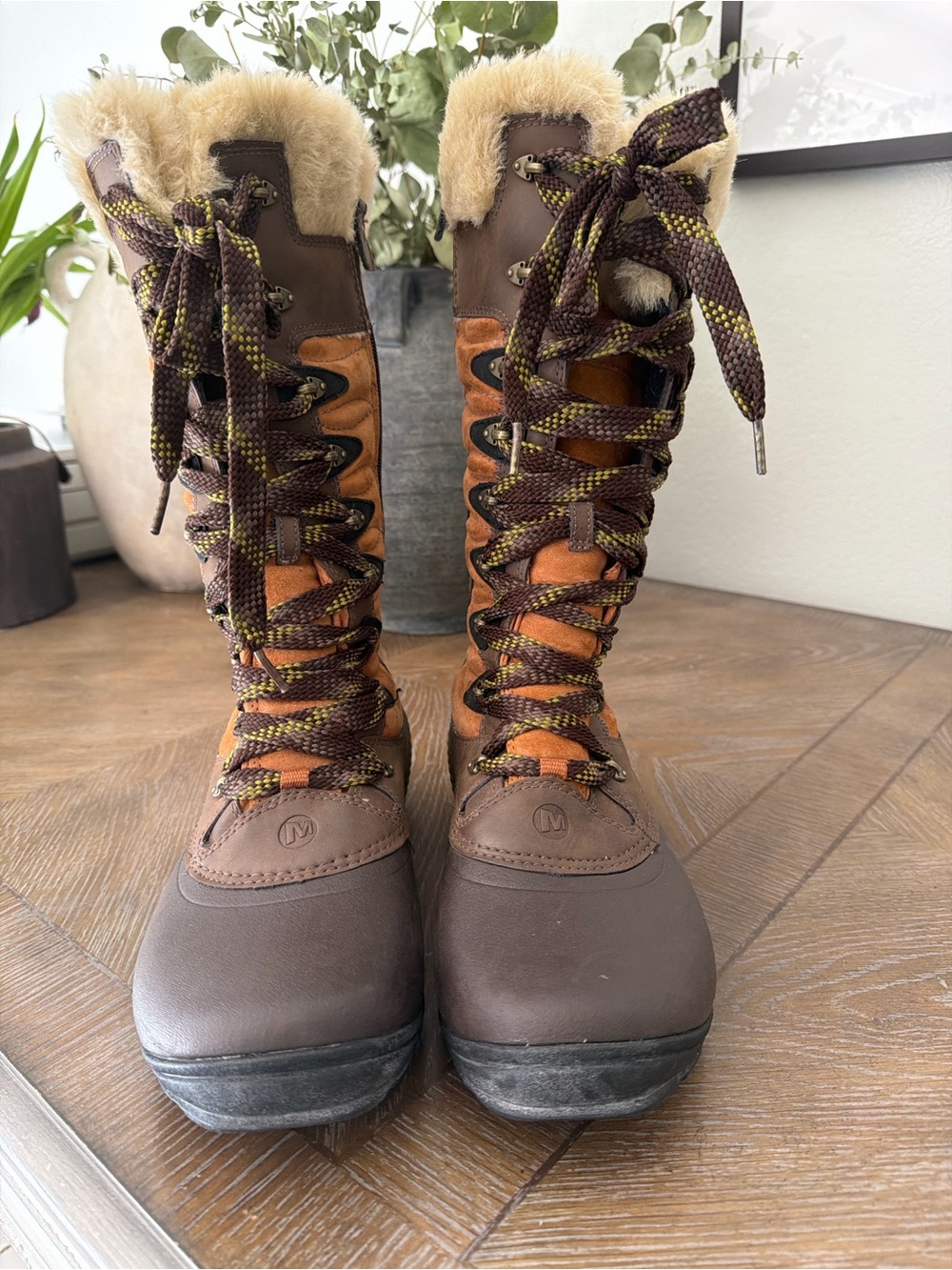 Merrell Brown and Tan Lace-Up Fur-Trim Women’s Boots